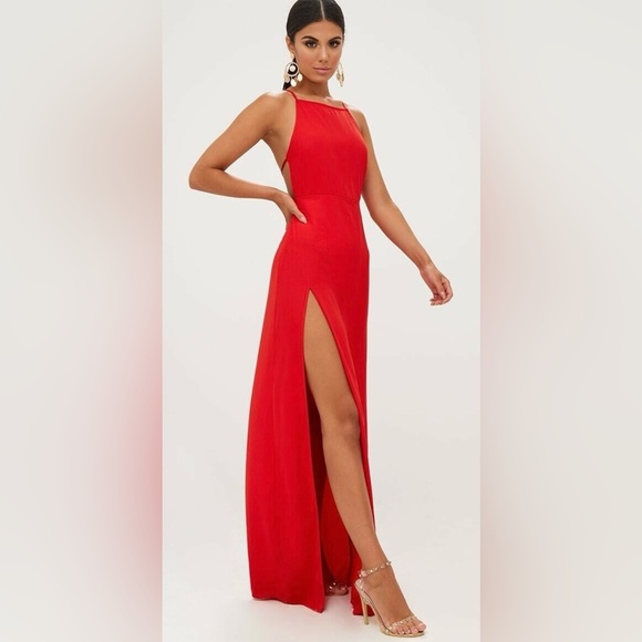 NWT PrettyLittleThing Red Strappy Back Detail Chiffon Maxi Dress Side Slit 10 - Picture 1 of 12